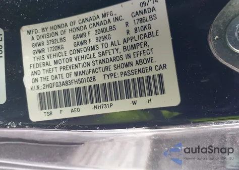 2015 Honda Civic Ex from USA, damaged, VIN 2HGFG3A83FH501028